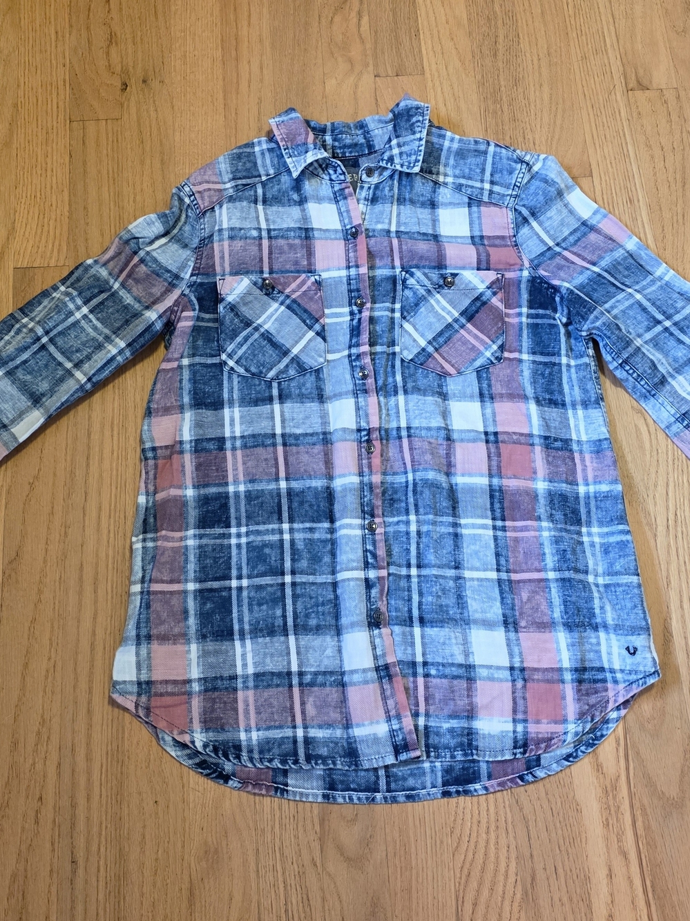 True Religion Womens Pink & Blue Plaid Button-Down Shirt Size Small